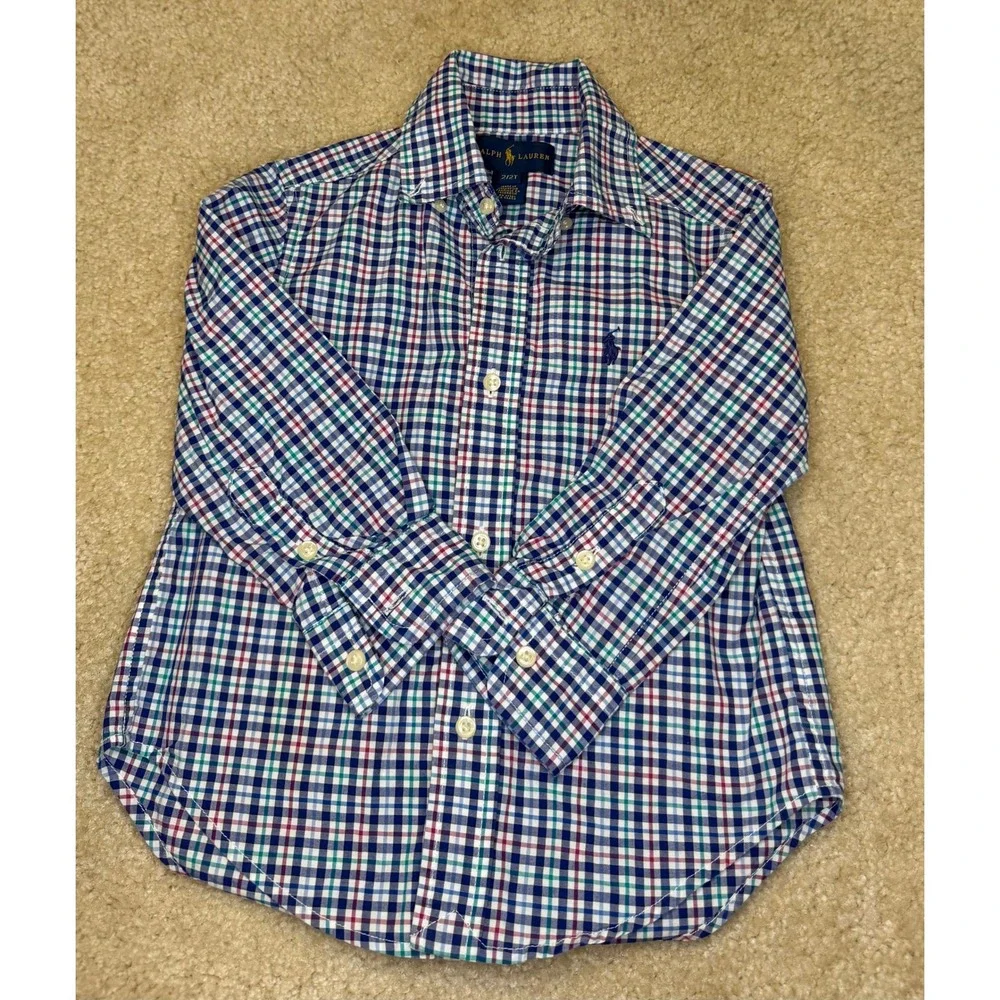 Ralph Lauren Multi Plaid Button Down Kids Long Sleeve Cotton EUC 2T